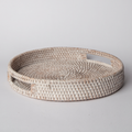 White Round Rattan Tray — Boho Woven Tray for Coffee Table, Cottage Home Decor & Farmhouse Styling
