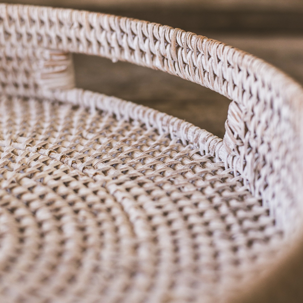 White Round Rattan Tray — Boho Woven Tray for Coffee Table, Cottage Home Decor & Farmhouse Styling