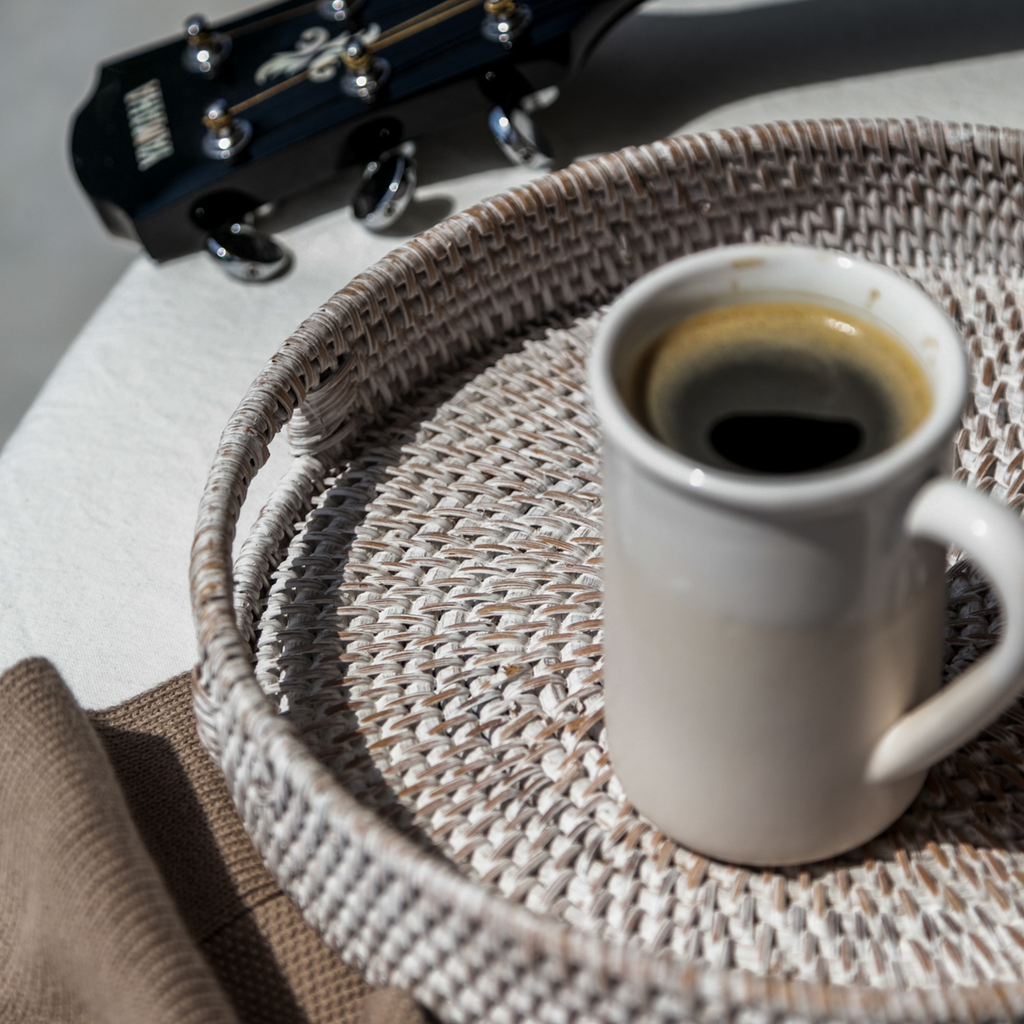 White Round Rattan Tray — Boho Woven Tray for Coffee Table, Cottage Home Decor & Farmhouse Styling