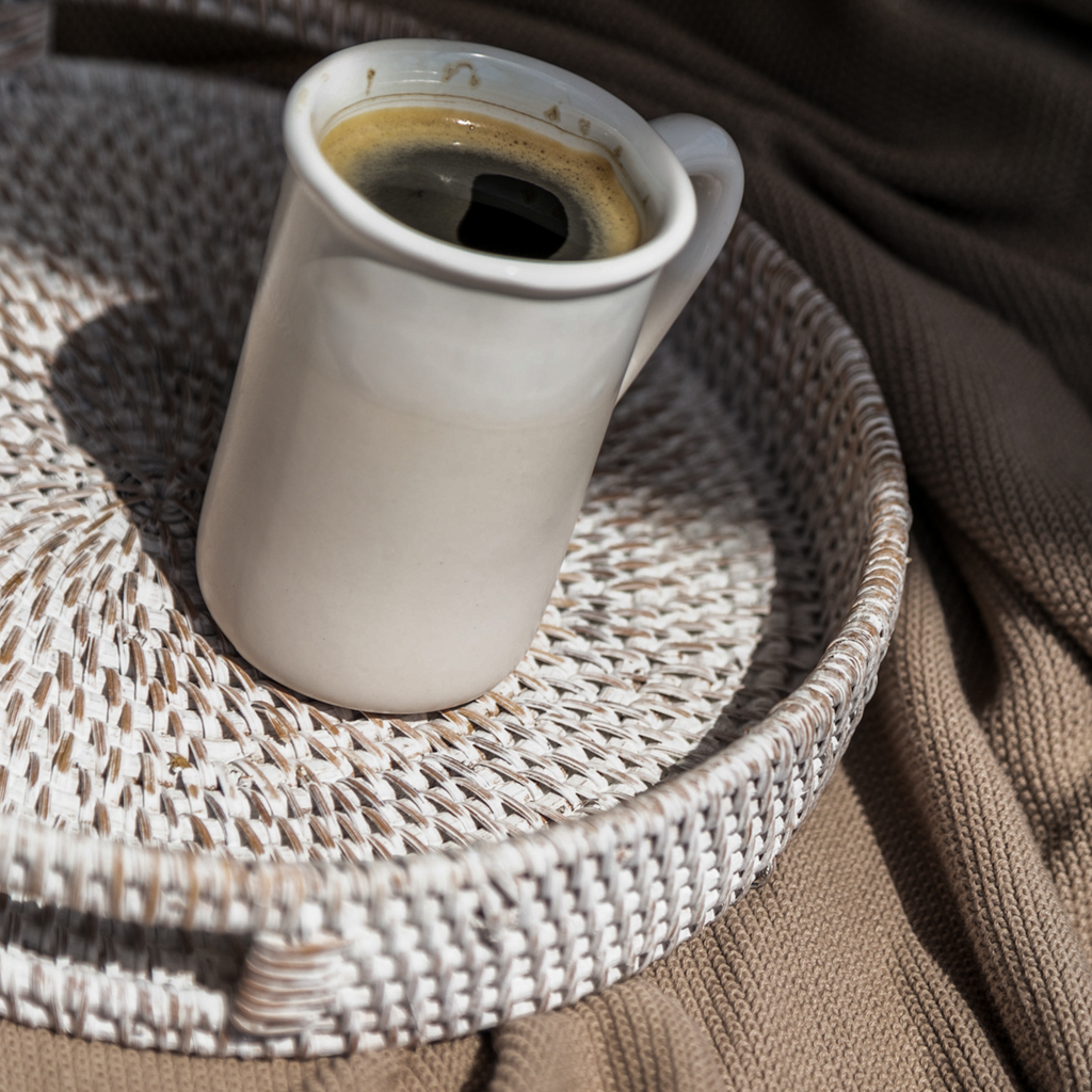 White Round Rattan Tray — Boho Woven Tray for Coffee Table, Cottage Home Decor & Farmhouse Styling