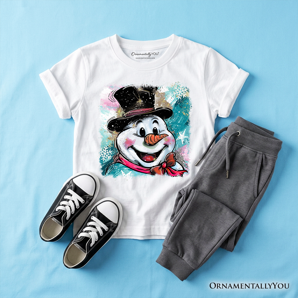 Kids Brushstroke Cute Snowman T-Shirt, Preppy Youth Merry Christmas Glitter Holiday Tee
