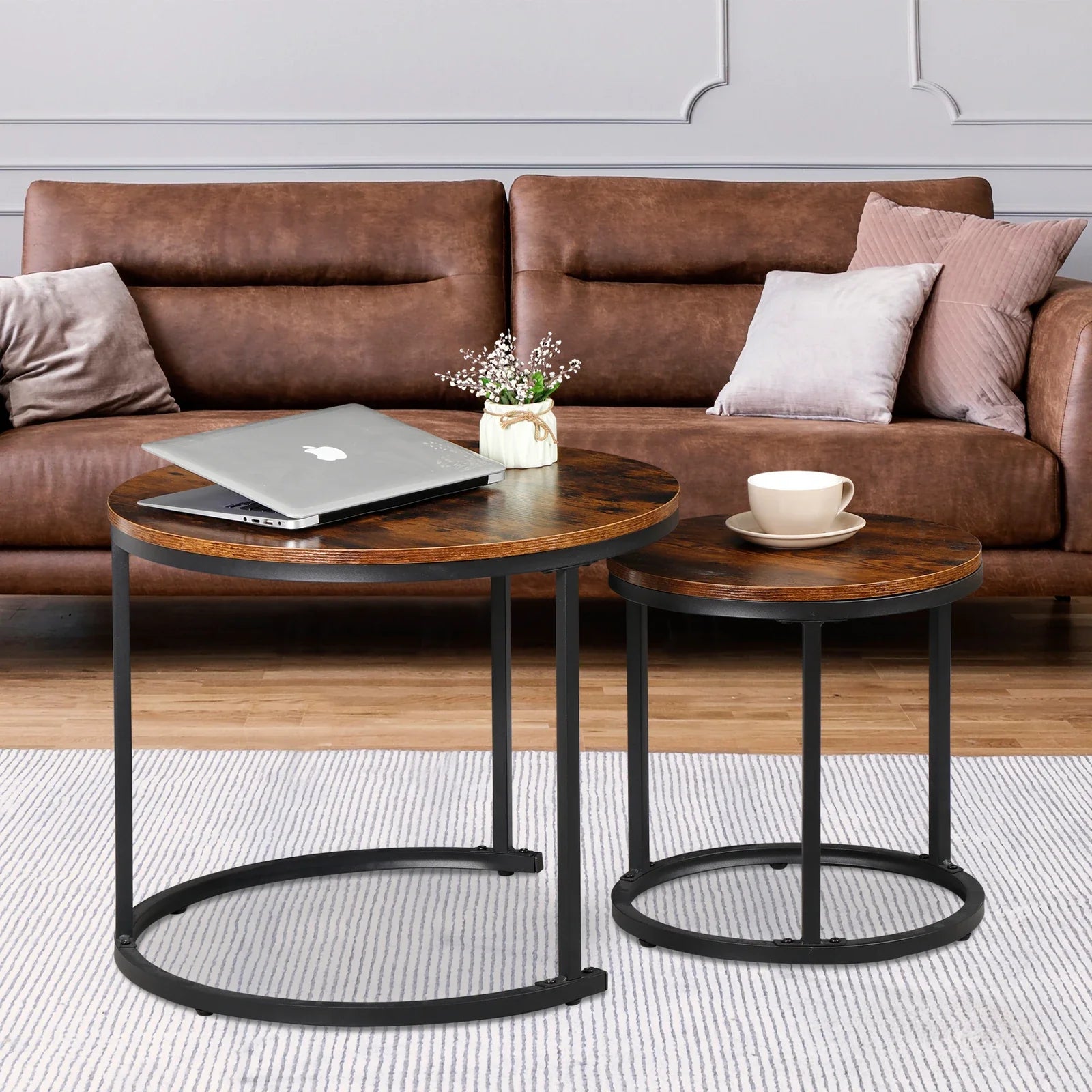 Nesting Coffee Tables 2 With Wooden Tops And Metal Frames