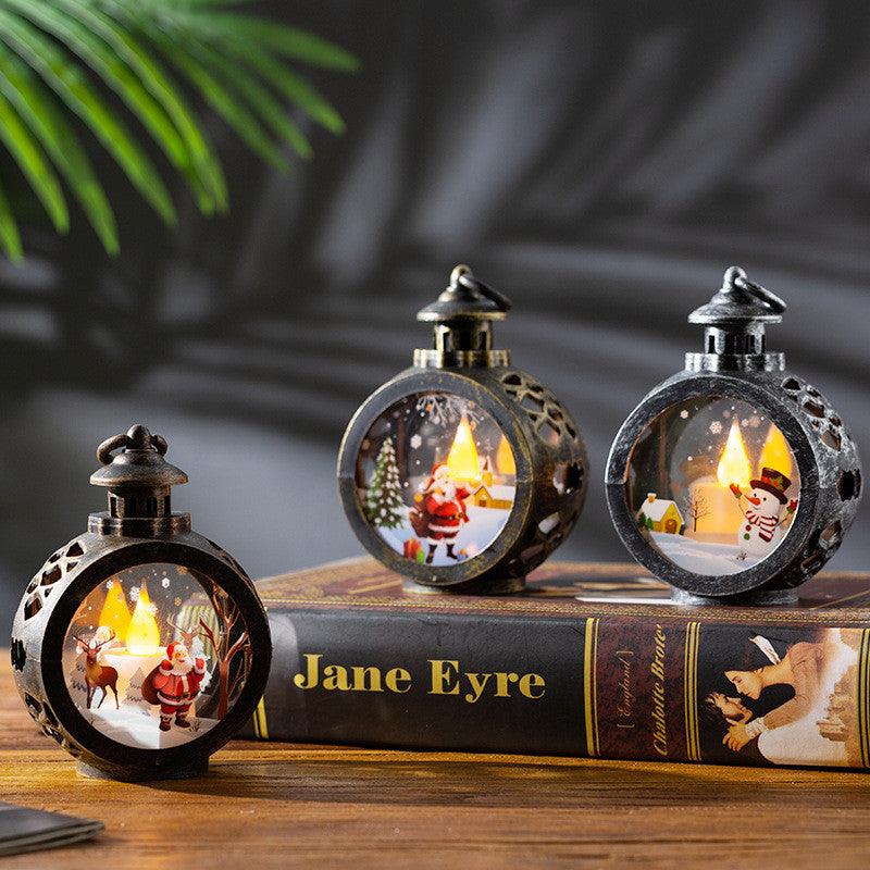 Christmas Decoration Hanging Lights Desktop Round Led Candle With Battery Retro Christmas Candle Lantern With Flashing LED Light Snow Globe Decor Plastic Vintage Lantern Santa Claus Hanging Candle Holder Window Home Decorations