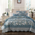 White & Blue Floral Patchwork Quilt Set — Vintage Cottage Bedroom Decor, Scalloped Cotton Bedspread